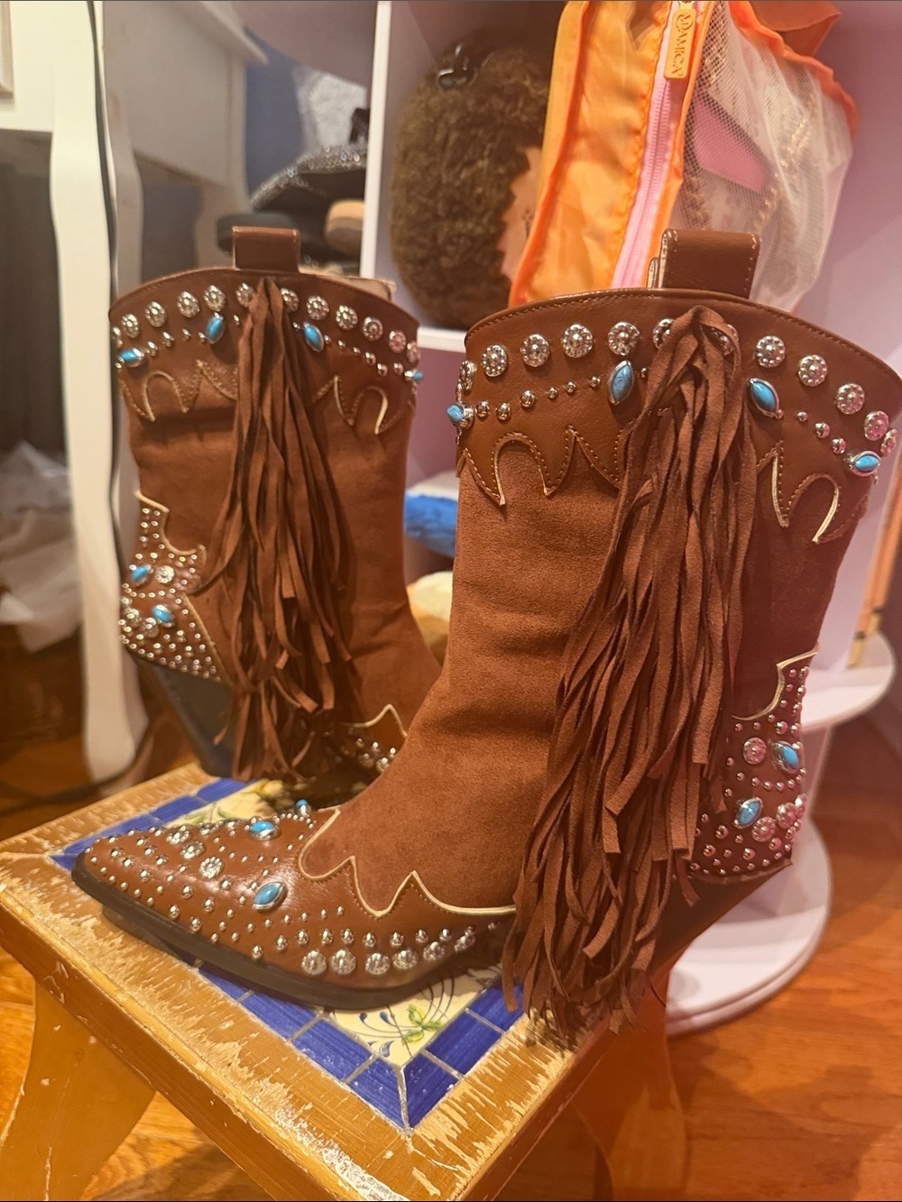 Brown Fringe Western Lace-Up Boots with Turquoise Accents